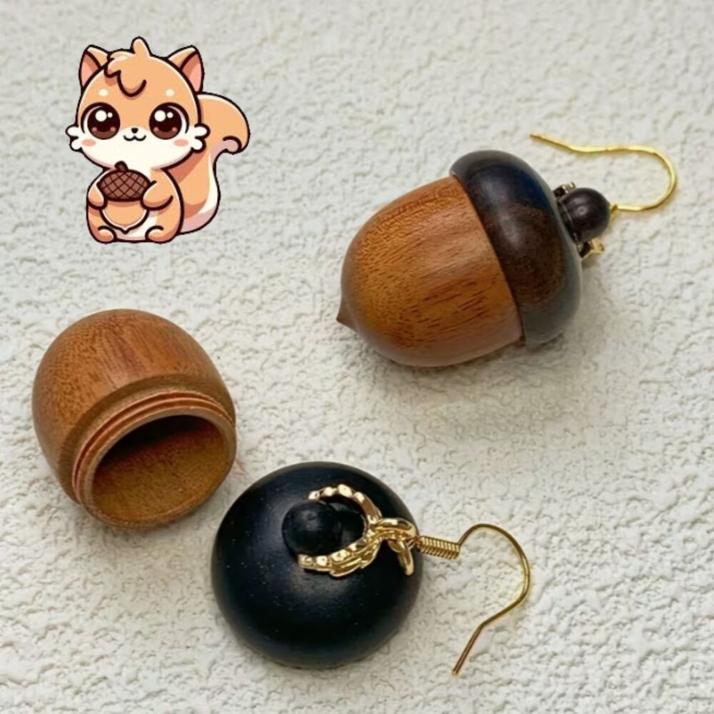 Wood Acorn Storage Earrings Secret Notes, Meds, Tiny Items